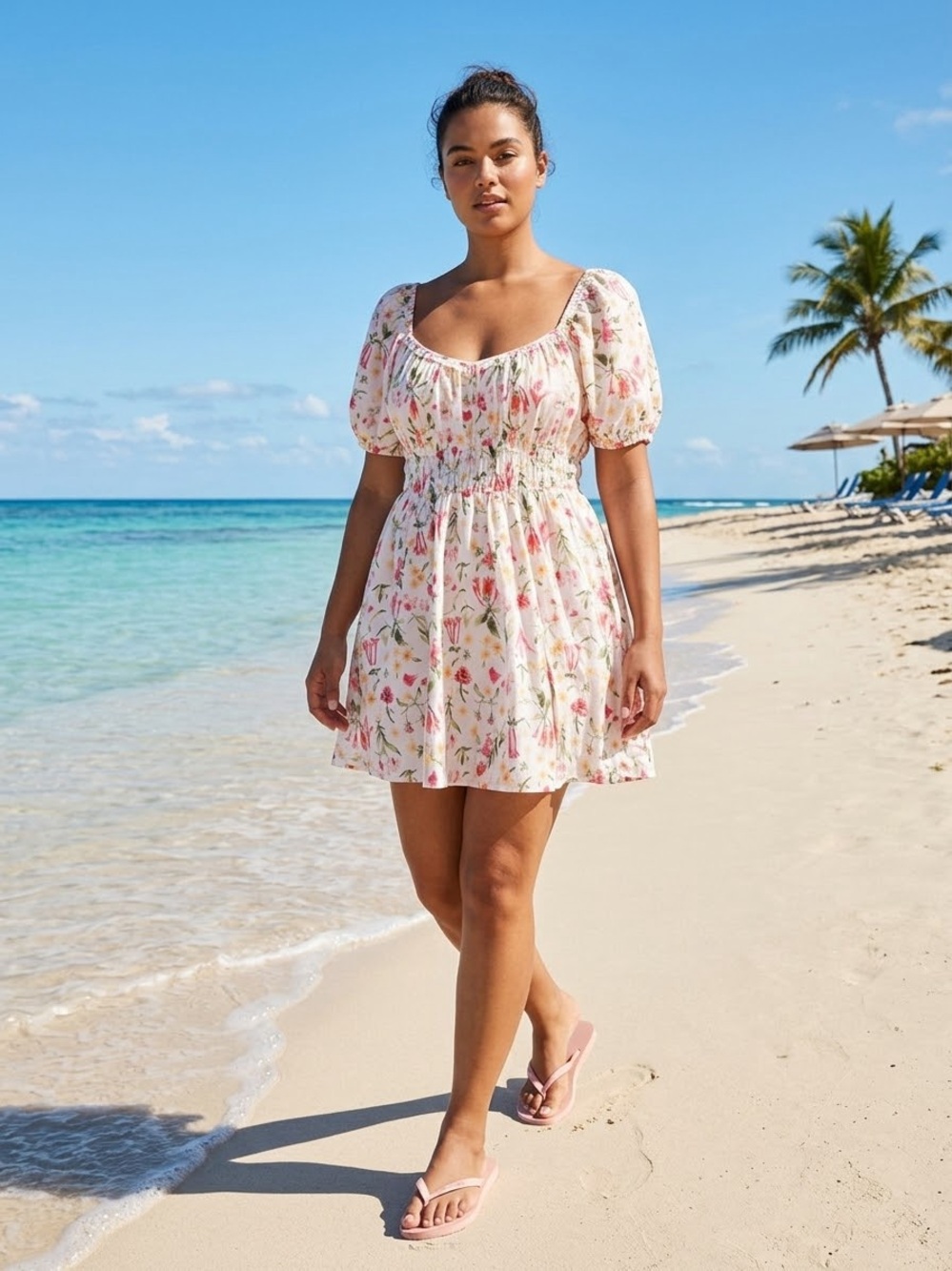 H&M White Floral Puff-Sleeve Dress